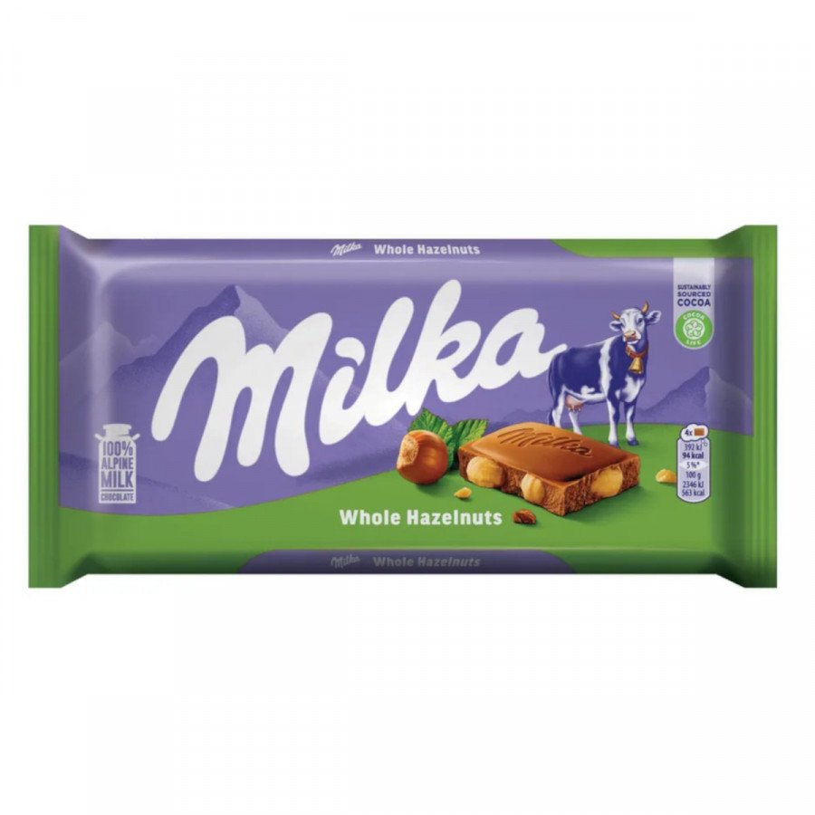 Фото и внешний вид — Милка Шоколадная плитка 95гр Whole Hazelnuts (17шт/уп)