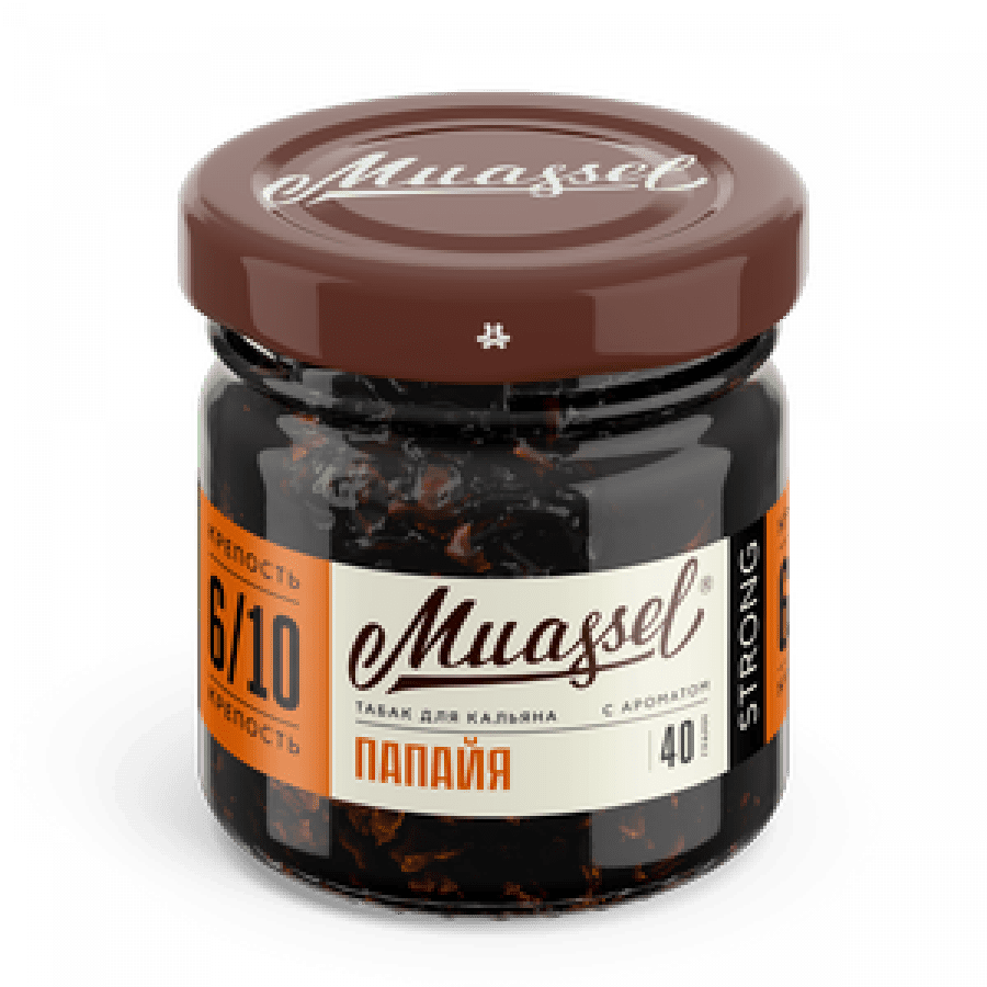 Фото и внешний вид — Табак для кальяна MUASSEL (6/10) 40гр - Папайя