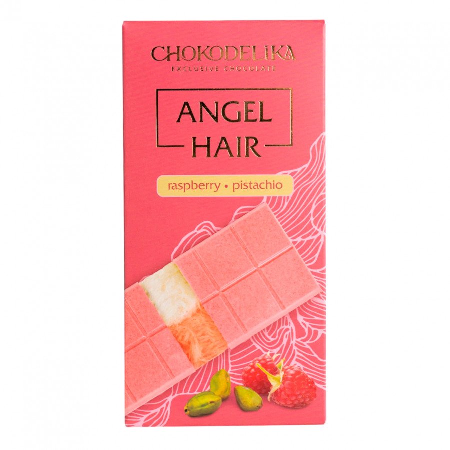 Фото и внешний вид — Шоколад белый Angel Hair малина-фисташка 150гр (16шт/уп)