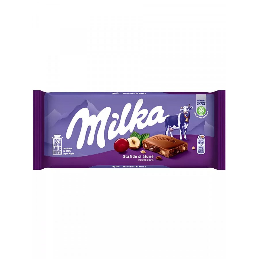 Фото и внешний вид — Милка Шоколадная плитка 90гр Raisin&Nut (Милка Изюм с фундуком) (23шт/уп)