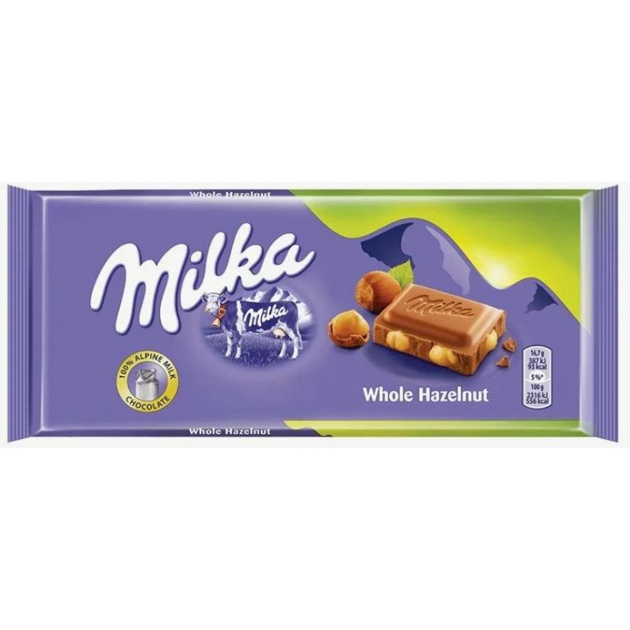 Фото и внешний вид — Милка Шоколадная плитка 100гр с цельным фундуком (17шт/уп)