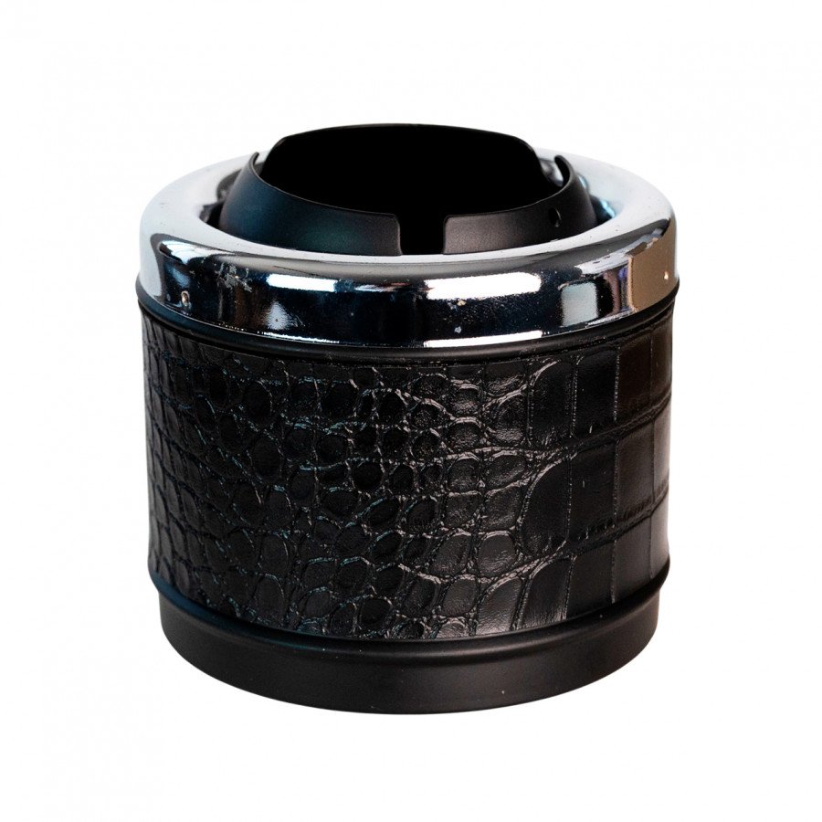 Фото и внешний вид — Пепельница S.QUIRE 813BF-Graph круглая/сталь/хром черная краска/графитовая/иск.кожа 93мм