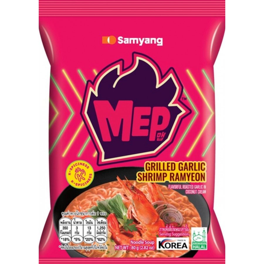 Фото и внешний вид — Лапша Samyang МЕР жареная Рамен со вкусом креветок на гриле с чесноком 80г (32шт/уп)